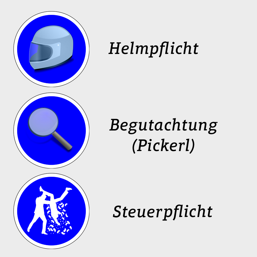 In Österreich besteht Helm- und Steuerpflicht. Das Elektromobil muss zunächst durch Pickerl inspiziert werden