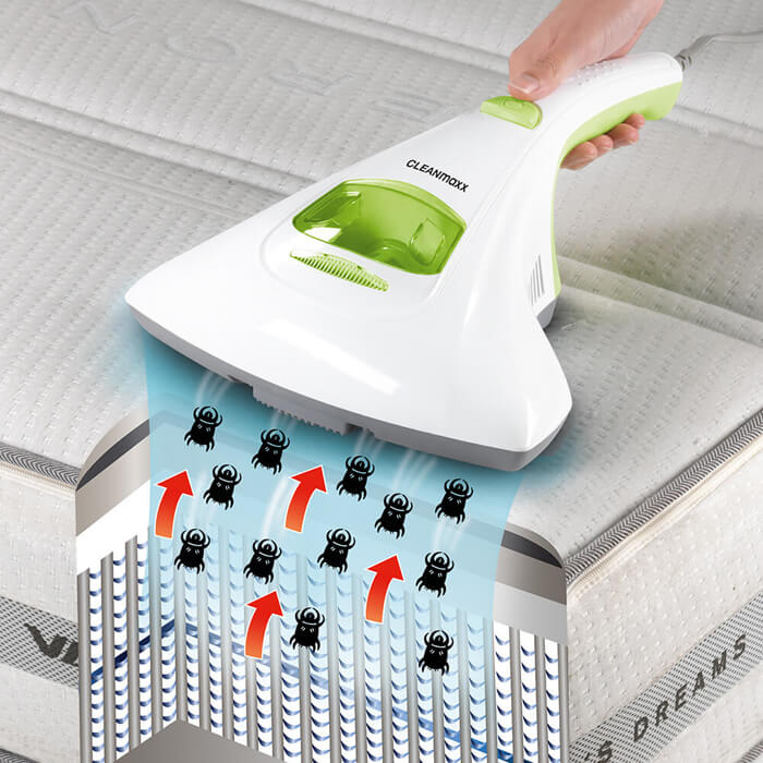 Eine Illustration über den Saugvorgang eines Milben-Handstaubsaugers, der Überreste von Milben aufsaugt.
