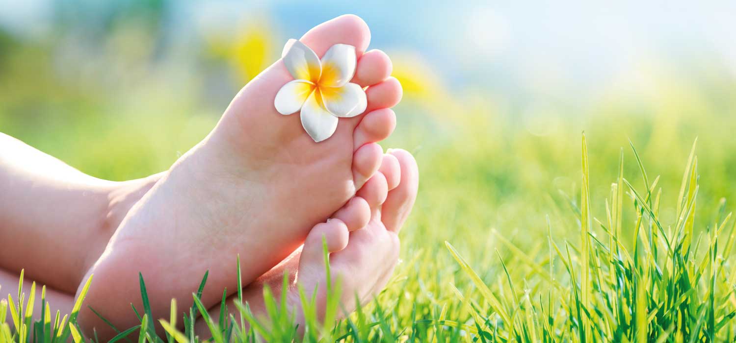 Füße einer jungen Dame mit Wiesen-Hintergrund. Zwischen ihren Zehen klemmt eine Blüte.