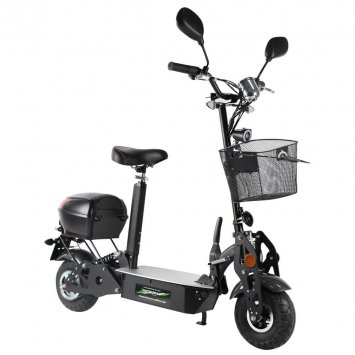 E-Scooter mit praktischem Korb und höhenverstellbarem Sitz.